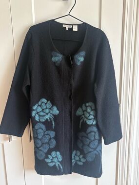 Black Open-Front Wool Cardigan with Teal Floral Accents